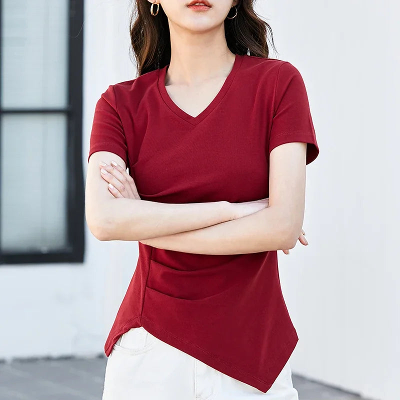 Chic V-Neck Pleated Cotton Tee - Irregular Hem