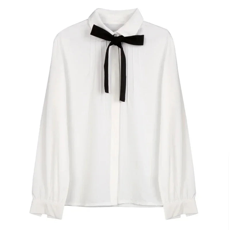 White Chiffon Blouse - Lapel Collar with Black Bow