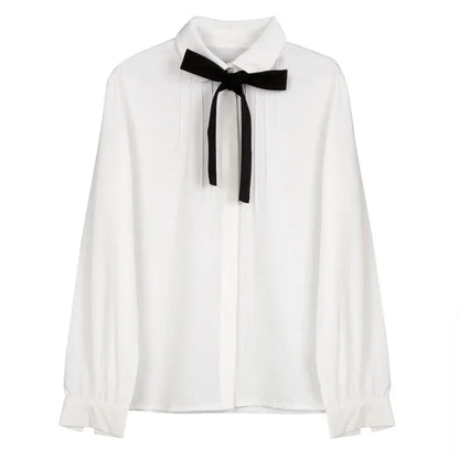 White Chiffon Blouse - Lapel Collar with Black Bow