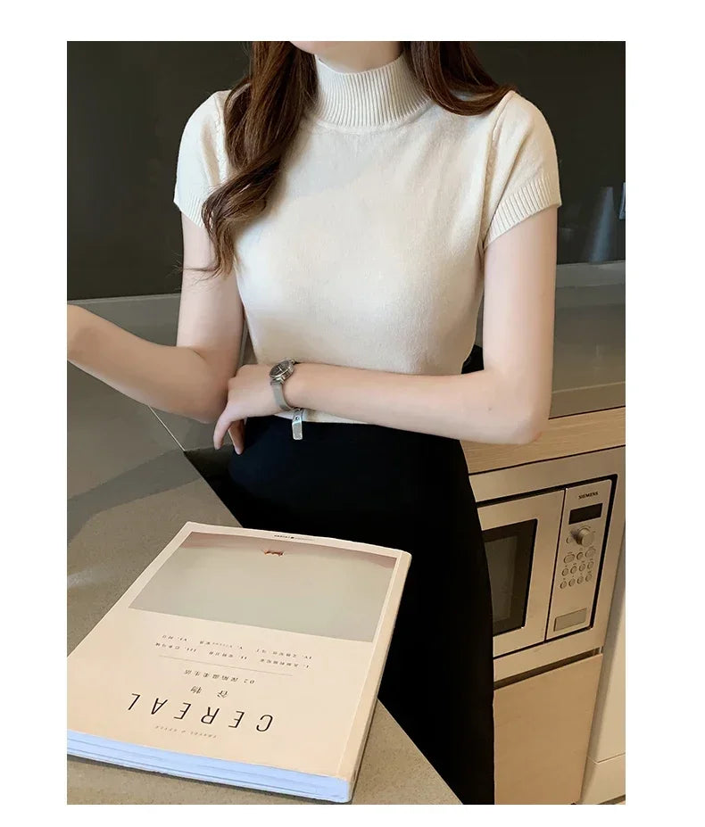 2024 Summer Turtleneck Knit Blouse - Short Sleeve