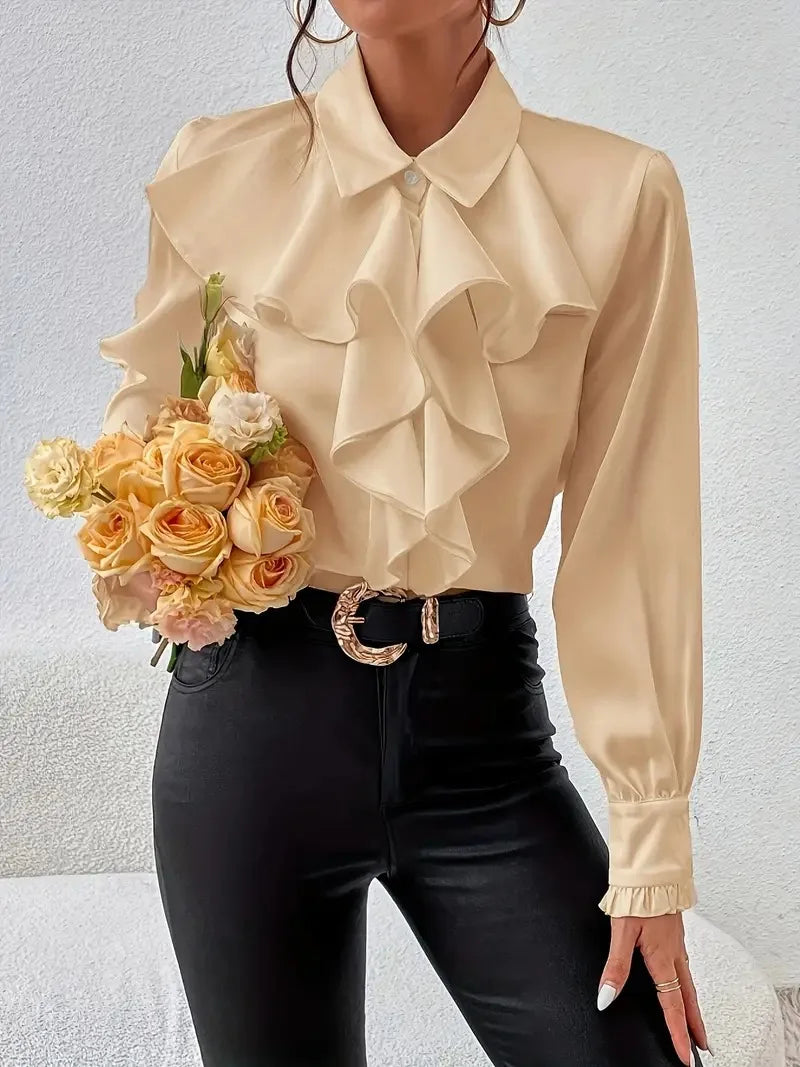 White Ruffled Lapel Blouse - Long Sleeve, Office Chic