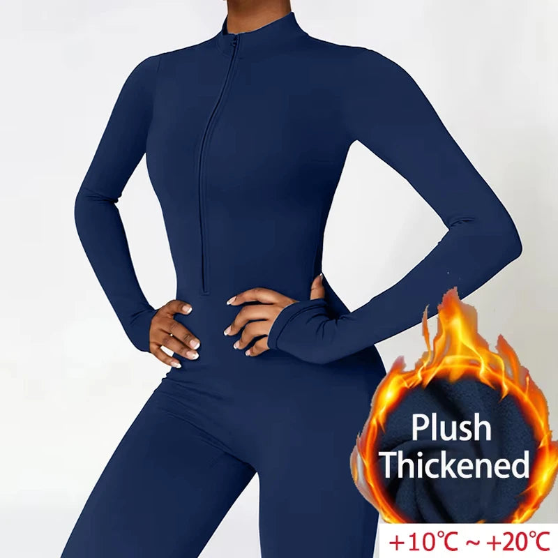 Warm Plush One-Piece Sports Jumpsuit – Women's Winter Fitness Tracksuit