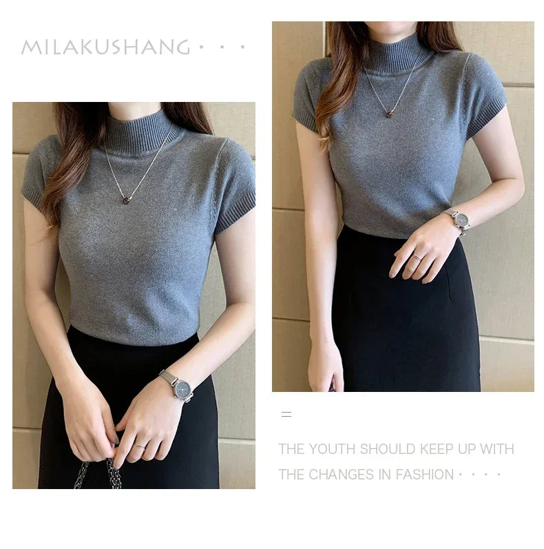 2024 Summer Turtleneck Knit Blouse - Short Sleeve