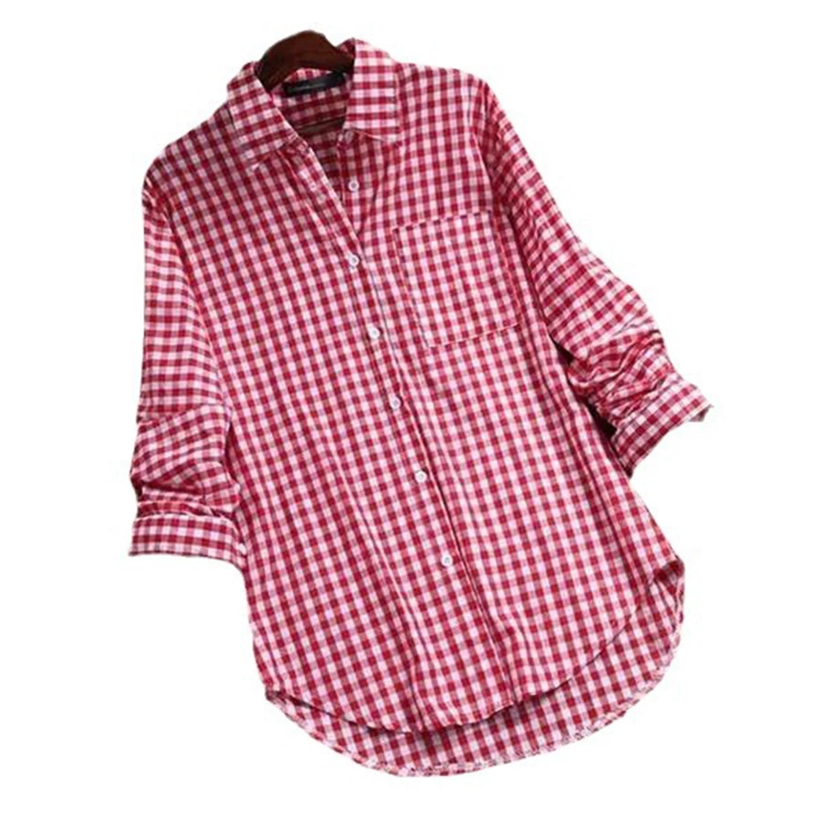 Plaid Cotton-Linen Tunic - V-Neck Roll-Up Sleeve Button-Down Shirt
