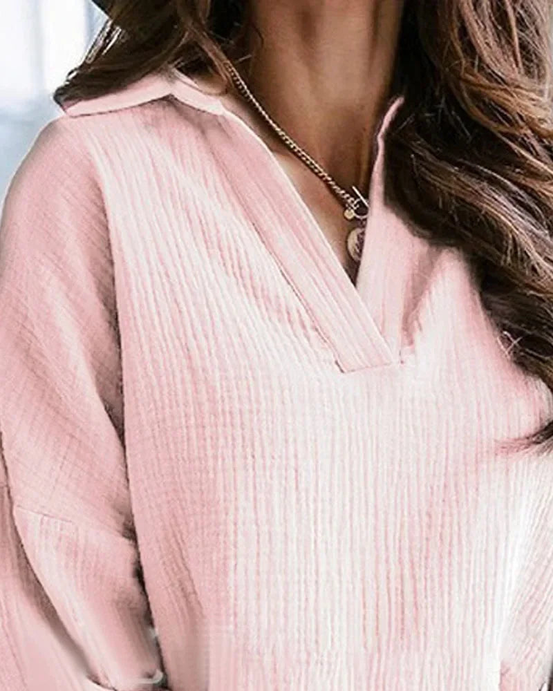 Lantern Sleeve Polo Pullover - Solid Color, Casual Autumn/Winter Top