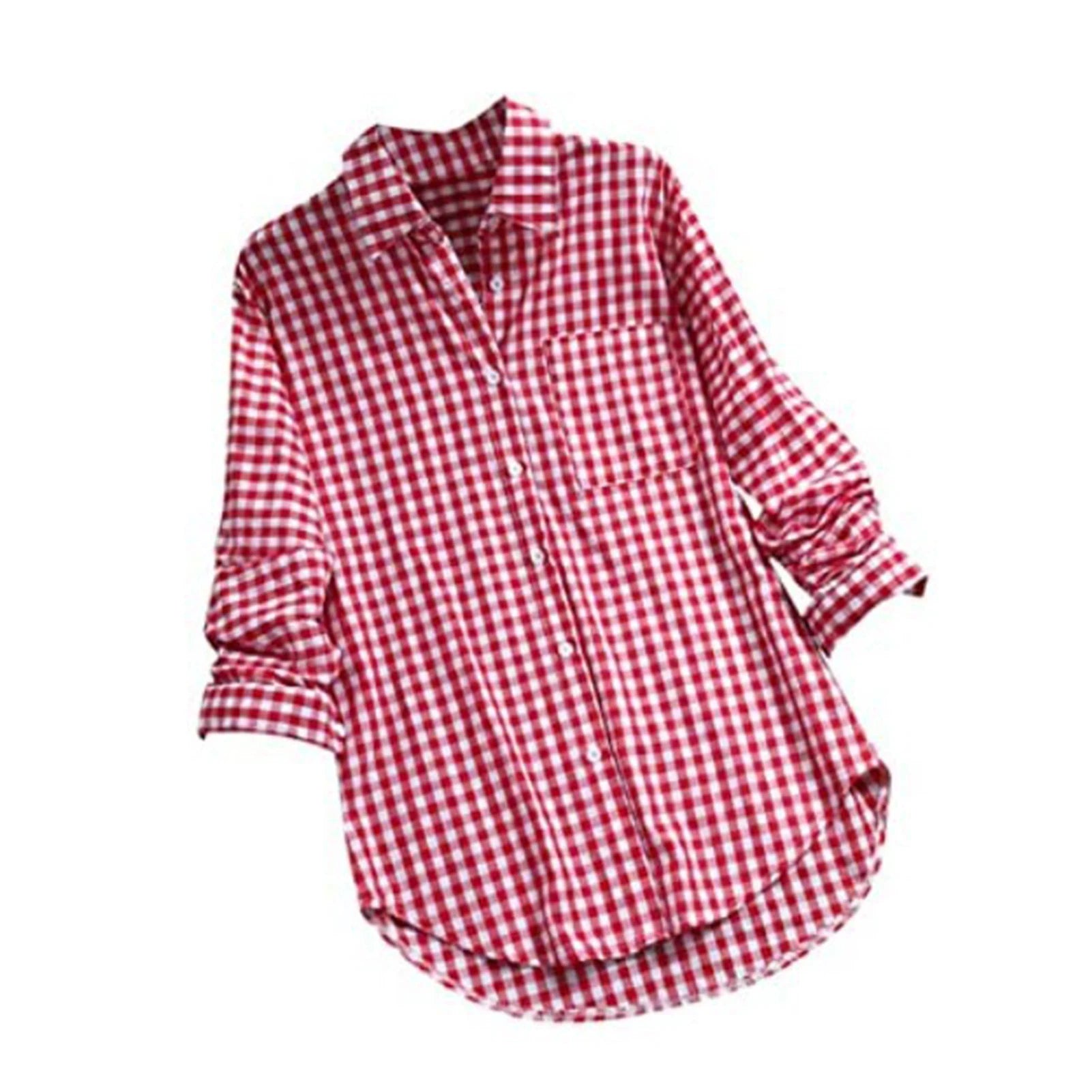 Plaid Cotton-Linen Tunic - V-Neck Roll-Up Sleeve Button-Down Shirt