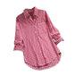 Plaid Cotton-Linen Tunic - V-Neck Roll-Up Sleeve Button-Down Shirt