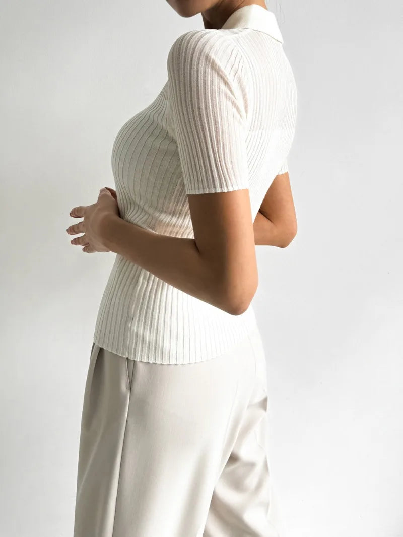 Ice Silk Polo Crop Top - Hollow-Out, Short Sleeve Korean Style