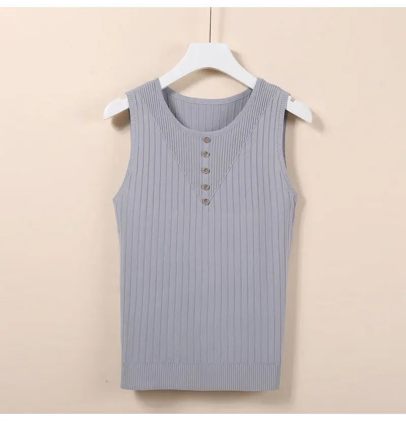 Elegant Knit V-Neck Tank Top - Sleeveless & Striped