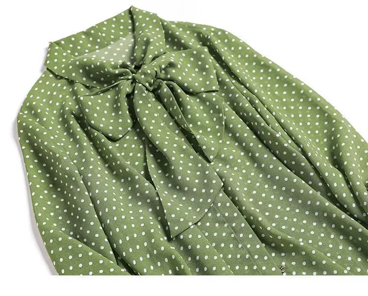 Polka Dot Shawl Collar Blouse - Bow Detail, Long Sleeve