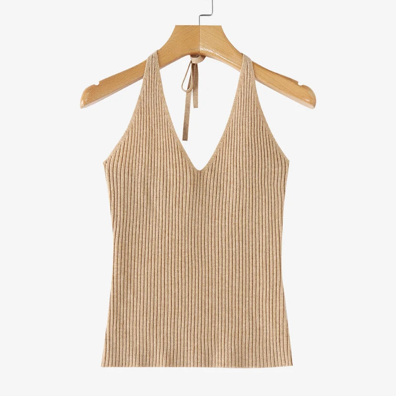 2024 ZANZEA V-Neck Halter Knit Tank - Off-Shoulder Vintage Style