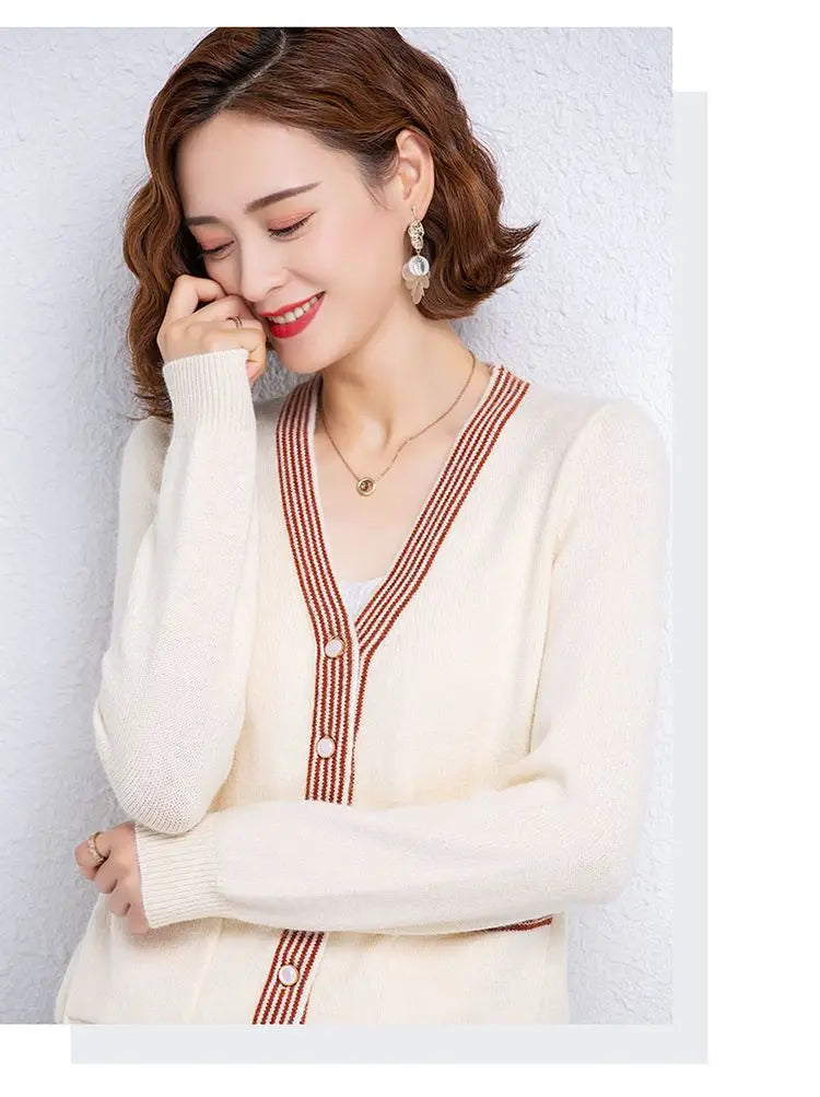 Striped Patchwork Knit Cardigan - V-Neck, Long Sleeve, Autumn 2024