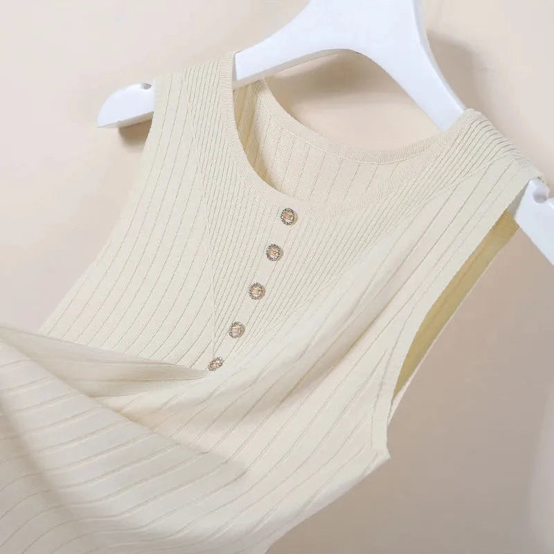 Elegant Knit V-Neck Tank Top - Sleeveless & Striped