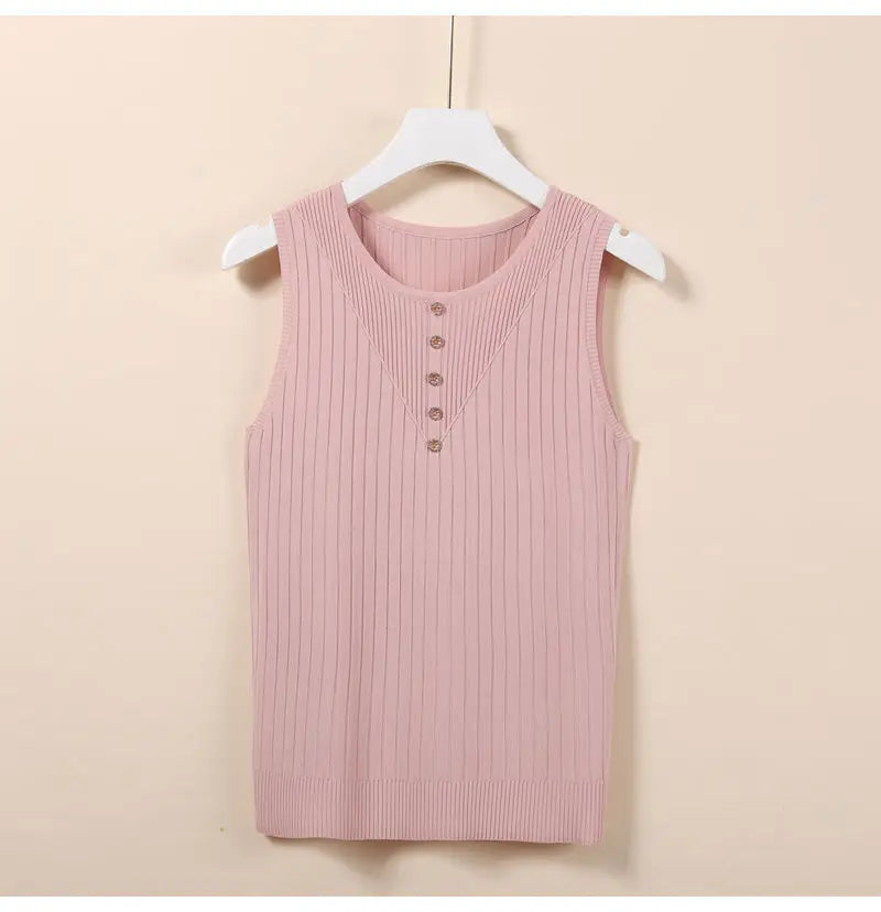 Elegant Knit V-Neck Tank Top - Sleeveless & Striped