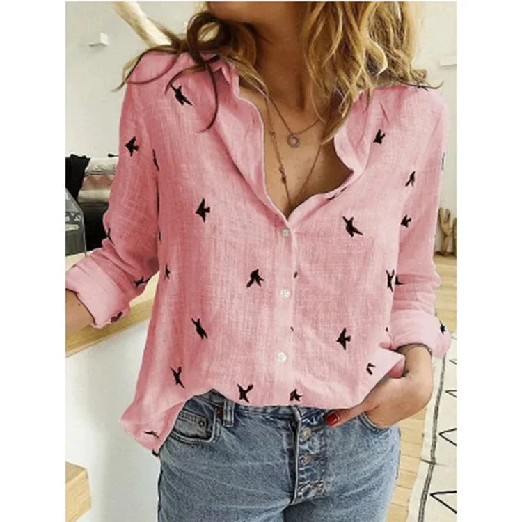 Cotton Linen Button-Down Shirt - Long Sleeve Casual Loose Tunic Blouse for Women, Spring & Summer