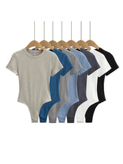 Stretchable Knit Bodysuit - Short Sleeve O-Neck Summer Basic (14 Colors)