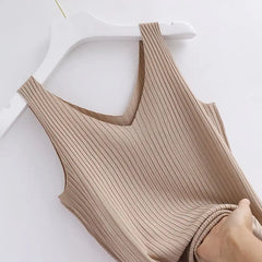Knitted Sleeveless V-Neck Tank Top - Slim Fit, Khaki