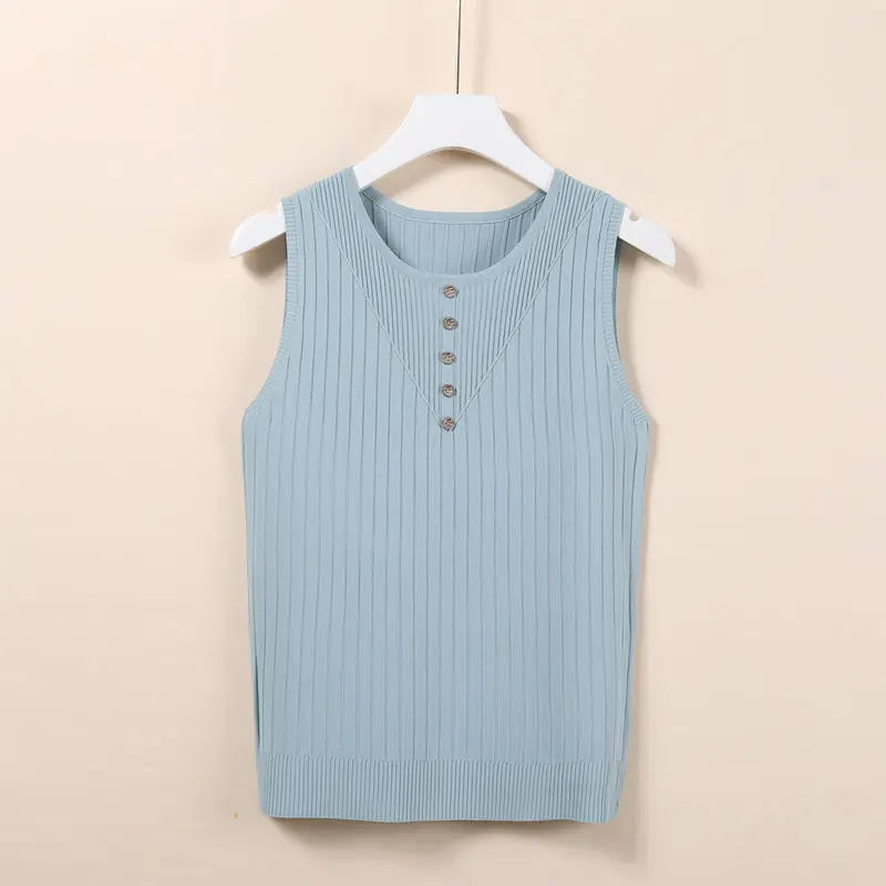 Elegant Knit V-Neck Tank Top - Sleeveless & Striped