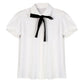 White Chiffon Blouse - Lapel Collar with Black Bow