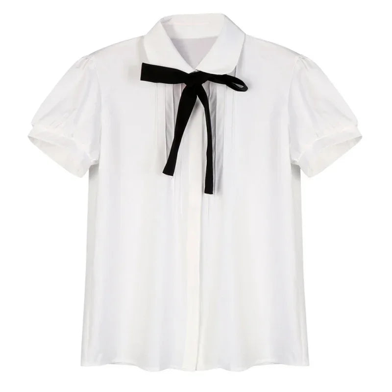 White Chiffon Blouse - Lapel Collar with Black Bow