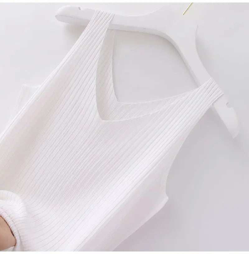 Knitted Sleeveless V-Neck Tank Top - Slim Fit, Khaki
