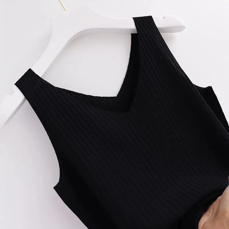 Knitted Sleeveless V-Neck Tank Top - Slim Fit, Khaki