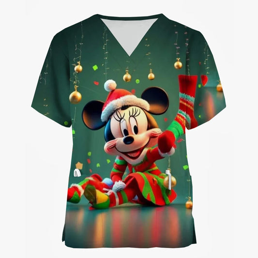 Mickey Mouse V-Neck Nursing Scrub Top - Christmas Print