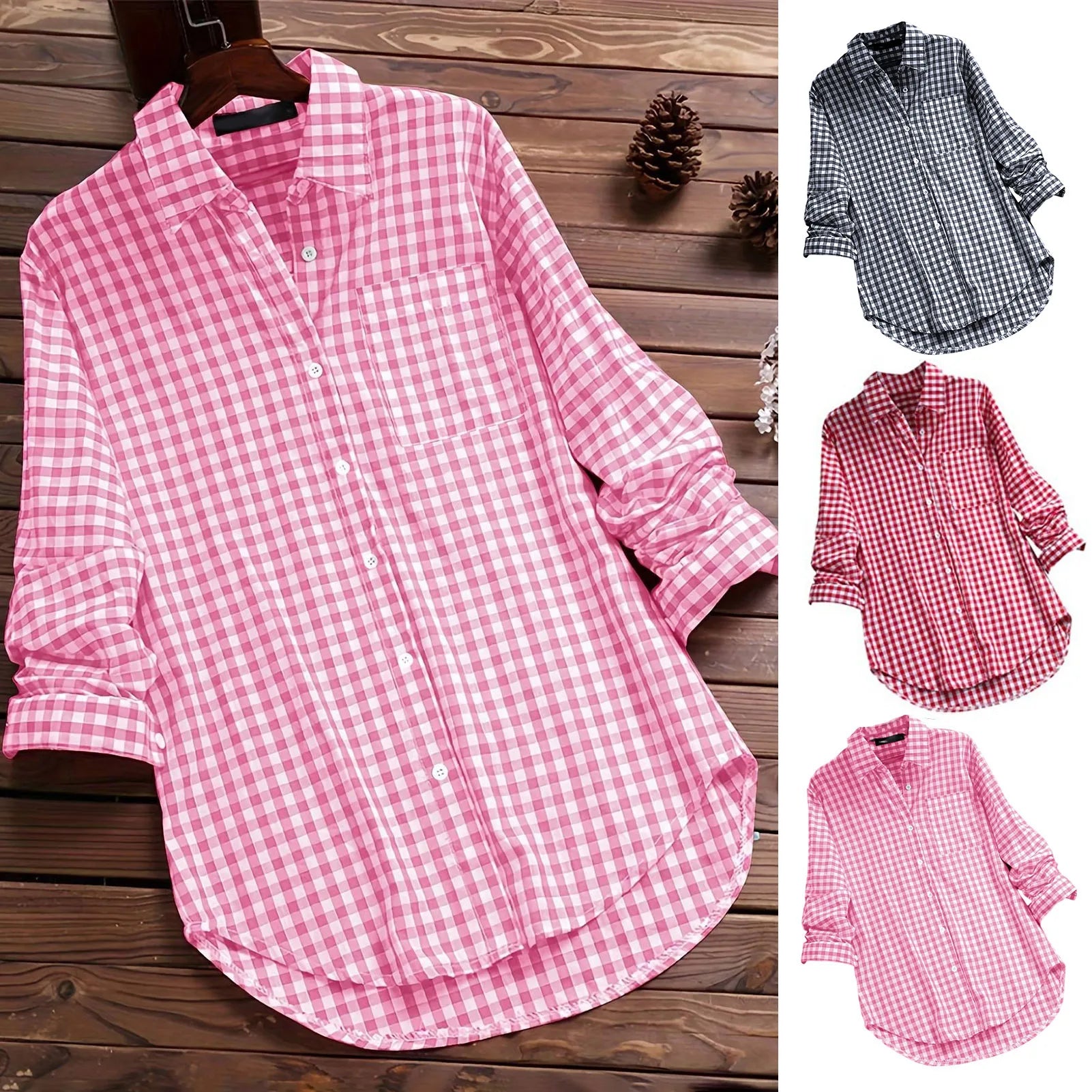 Plaid Cotton-Linen Tunic - V-Neck Roll-Up Sleeve Button-Down Shirt