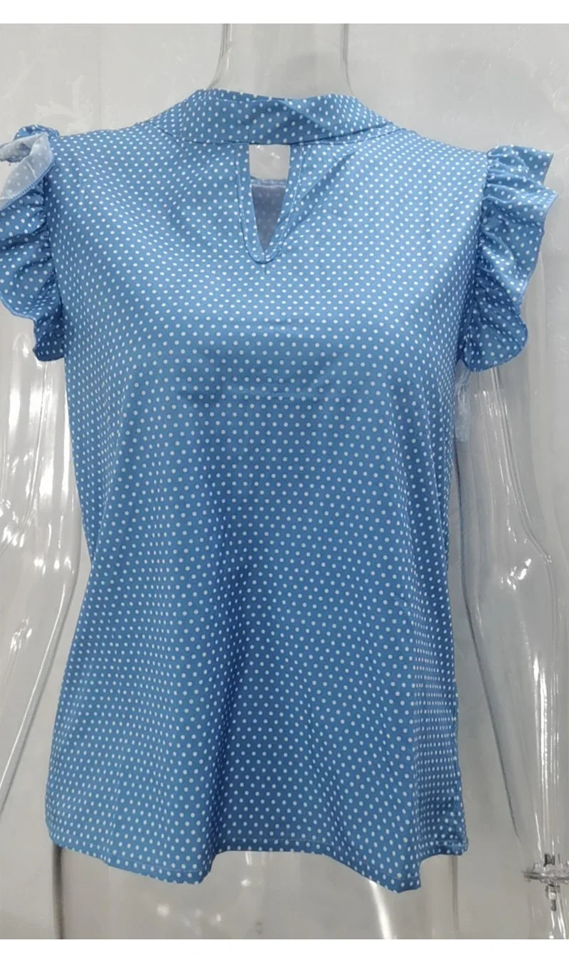 Sleeveless Ruffle Polka Dot Blouse - Lace-Up Bow