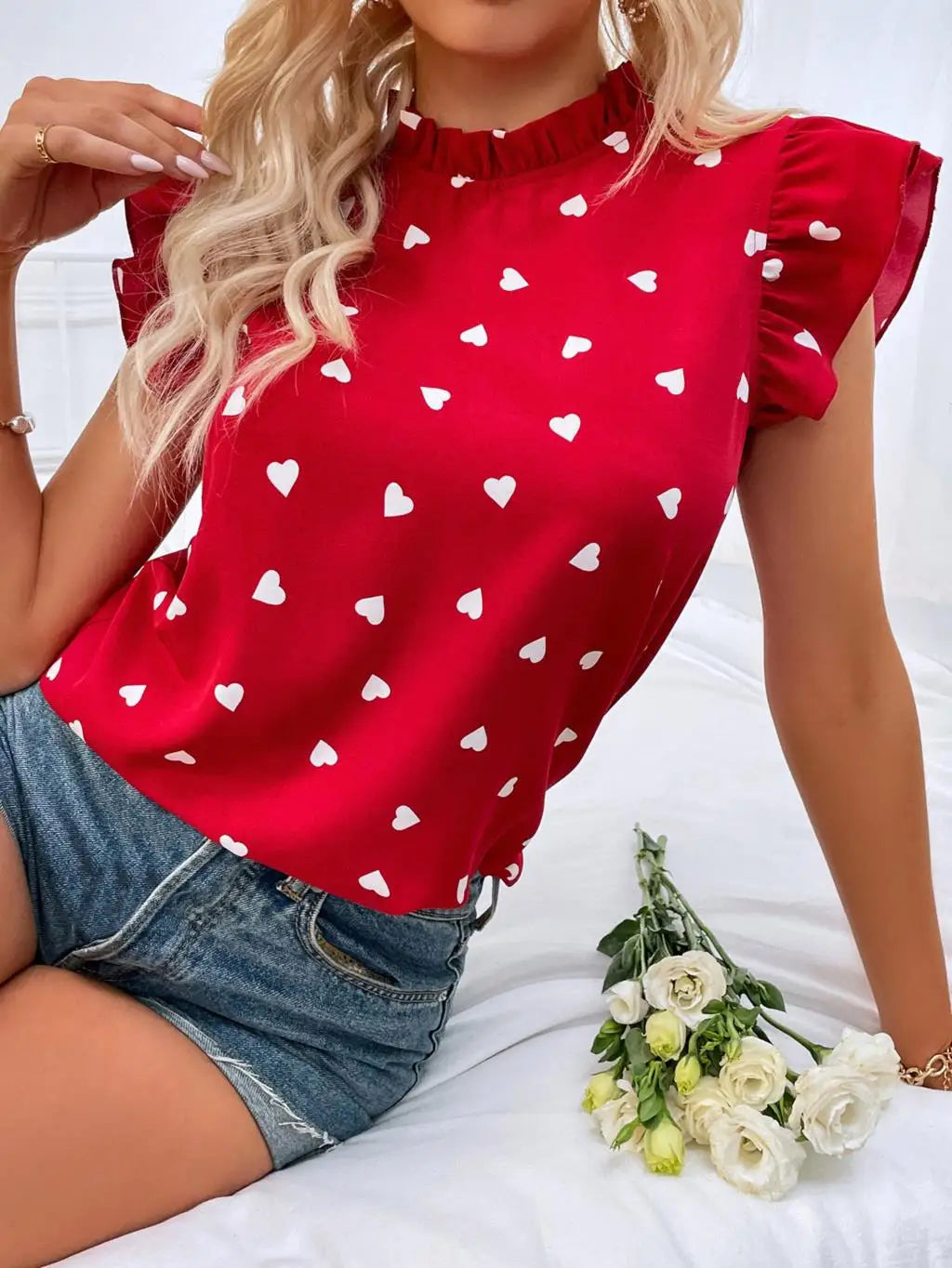 Chic Pink Chiffon Ruffle Blouse - Short Sleeve, Summer 2024
