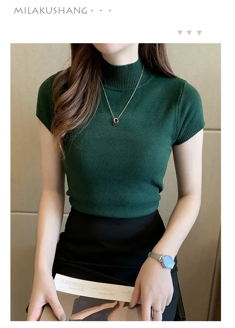 2024 Summer Turtleneck Knit Blouse - Short Sleeve