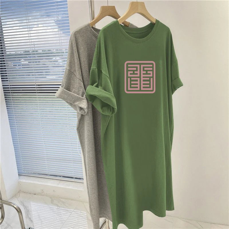 Printed O-Neck Tunic Dress - Summer Casual Loose Short Sleeve Pullover for Women