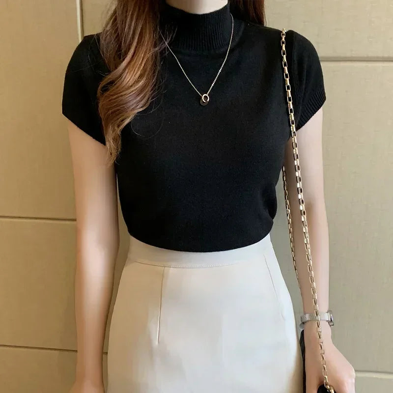 2024 Summer Turtleneck Knit Blouse - Short Sleeve