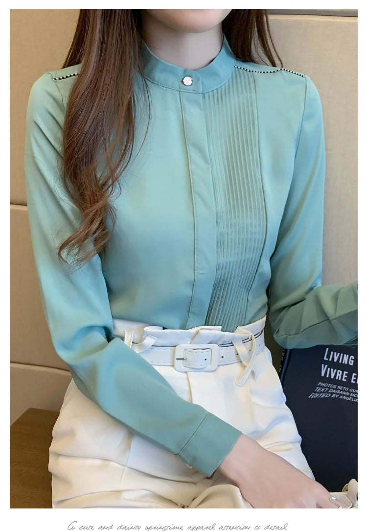 023 Chiffon Bow V-Neck Blouse - Long Sleeve Office Top