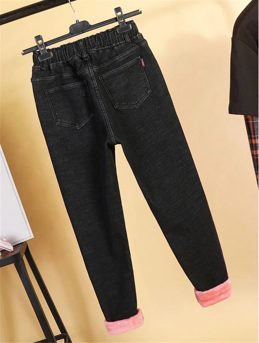 Oversized Winter Thicken Denim Pants – High Waist, Plus Velvet, Loose Fit