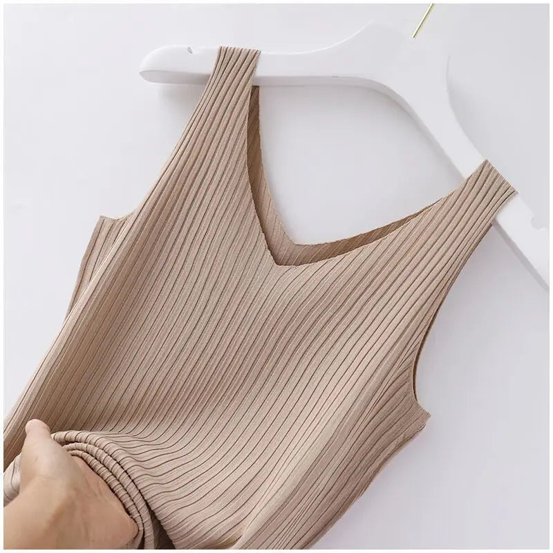 Knitted Sleeveless V-Neck Tank Top - Slim Fit, Khaki