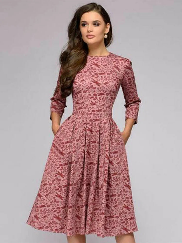 Vintage Pleated A-Line Tunic Dress - Elegant Long Sleeve Autumn Party Maxi Dress for Women
