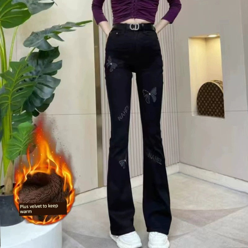 High Waist Slim Fit Rhinestone Embroidered Jeans – Elegant Fall Denim