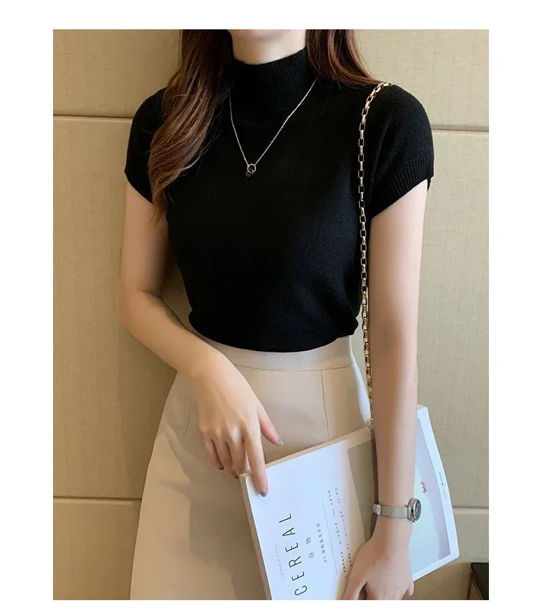 2024 Summer Turtleneck Knit Blouse - Short Sleeve