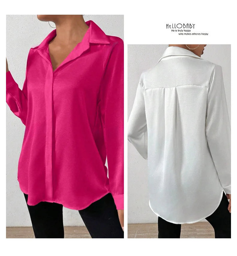 Elegant Long Sleeve Silk-Like Blouse - High-Quality Fashion