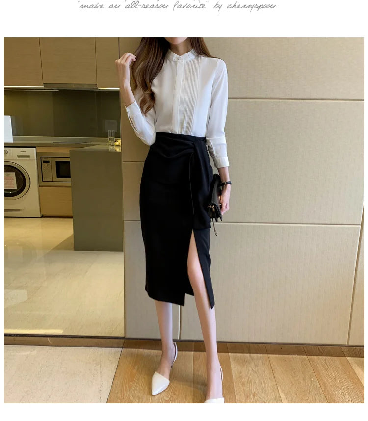 023 Chiffon Bow V-Neck Blouse - Long Sleeve Office Top