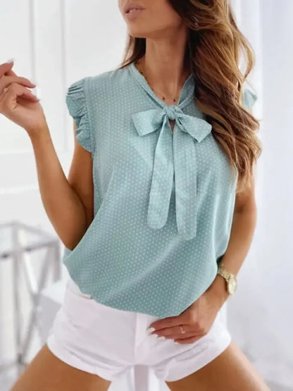 Sleeveless Ruffle Polka Dot Blouse - Lace-Up Bow