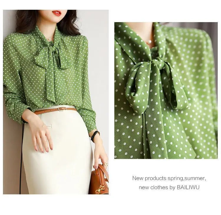Polka Dot Shawl Collar Blouse - Bow Detail, Long Sleeve
