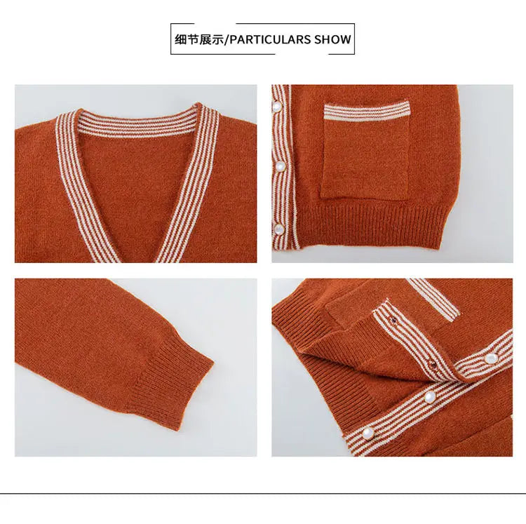 Autumn 2024 Patchwork Knit Cardigan - Striped V-Neck Sweater