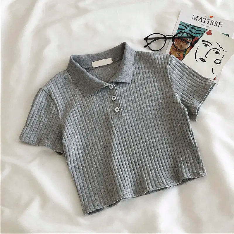 Youthful Knit Polo Crop Top - Short Sleeve