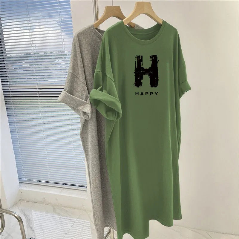 Letter Printed O-Neck Dress - Summer Casual Loose Short Sleeve Pullover Tunic for Women