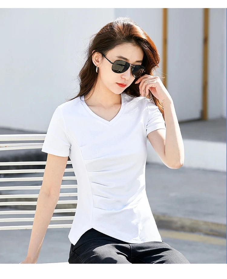 Chic V-Neck Pleated Cotton Tee - Irregular Hem