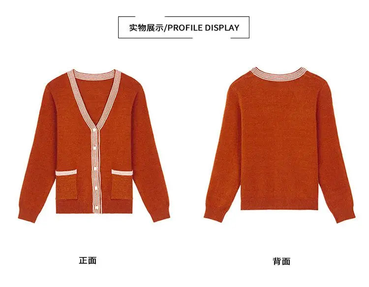 Striped Patchwork Knit Cardigan - V-Neck, Long Sleeve, Autumn 2024