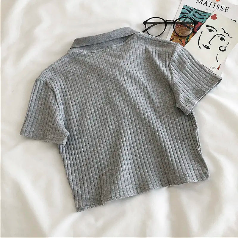 Youthful Knit Polo Crop Top - Short Sleeve