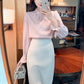 Elegant Chiffon Long Sleeve Blouse - White, Korean Office Style 2025